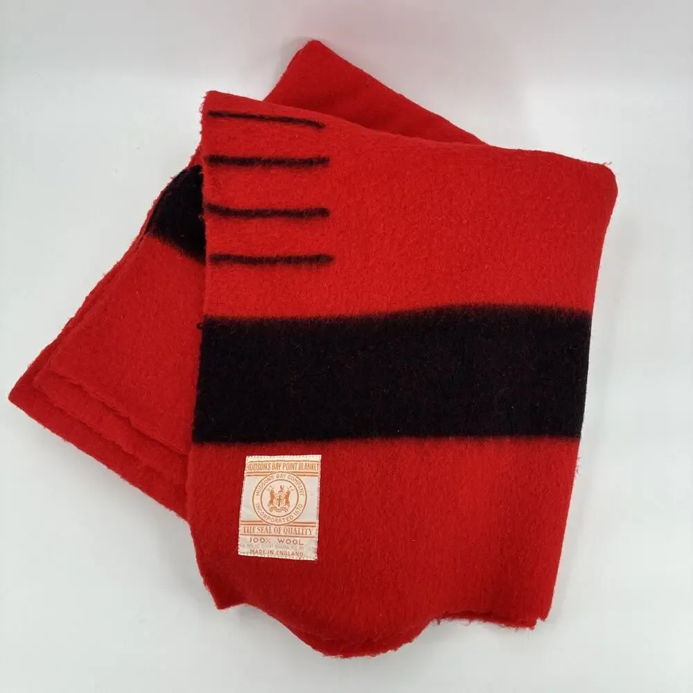 Vintage Hudson Bay Blanket Red Wool Striped 4 Point Queen Gold Label 1930s 84x74